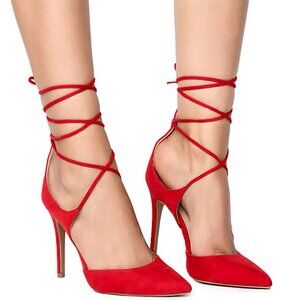 New Red Pointed Toe Strappy Lace-Up Stiletto High Heel Pump Faux Suede size 7.5